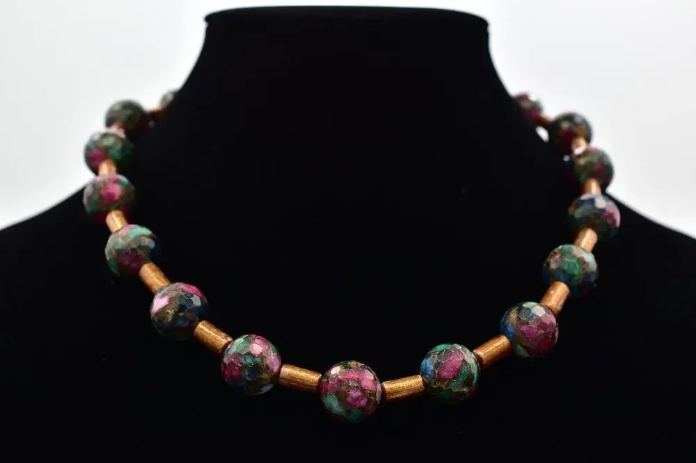 Vintage Mosaic Faceted Marble Beaded Necklace Multi-Color Chunky 1960s BinBD